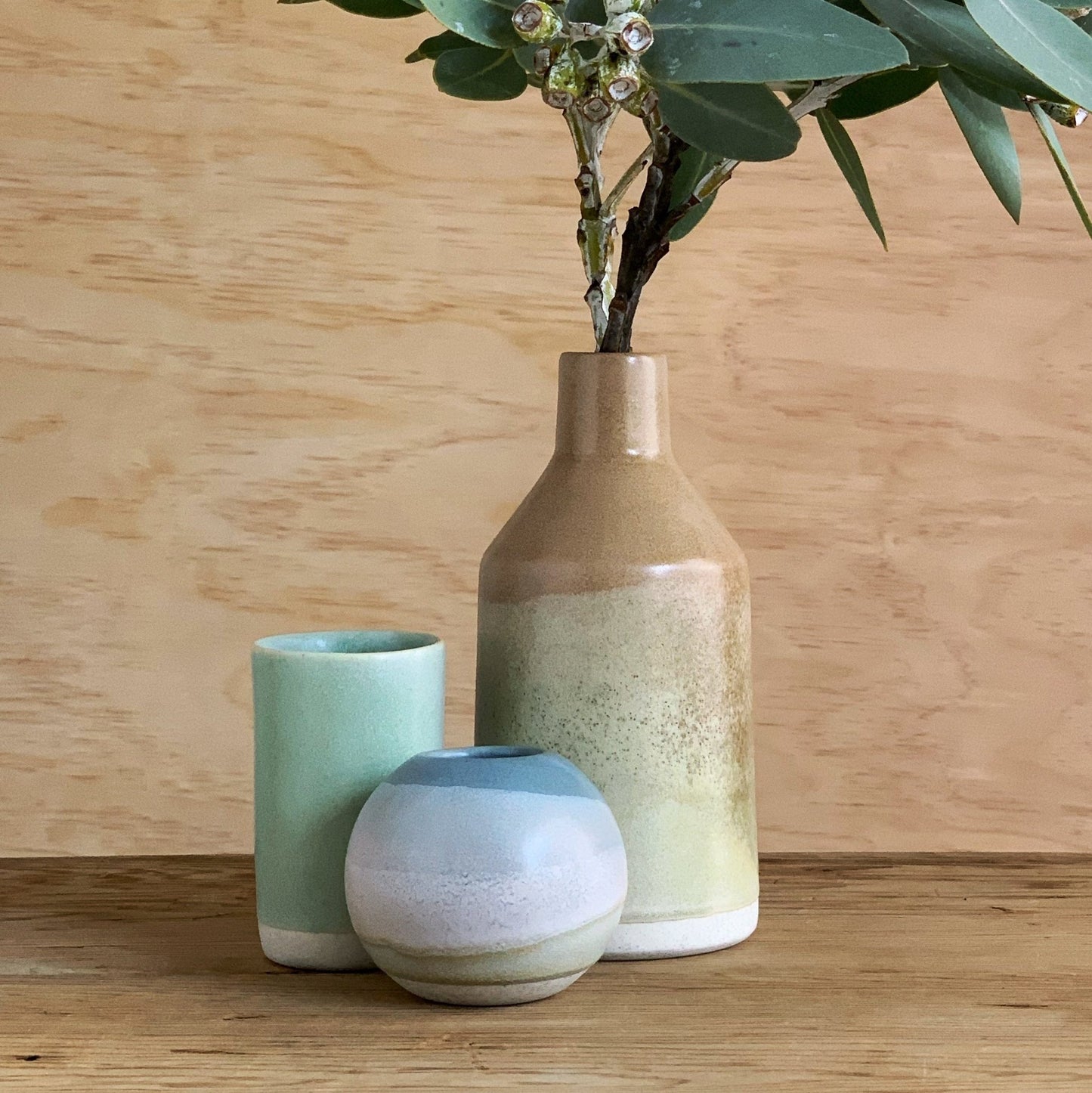 Bottle Vase Toffee & Earthy Green - handmade in the Henry & Tunks ceramic studio, Maitland NSW