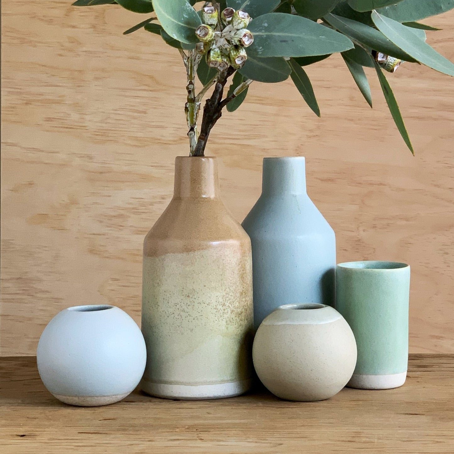 Bottle Vase Toffee & Earthy Green - handmade in the Henry & Tunks ceramic studio, Maitland NSW