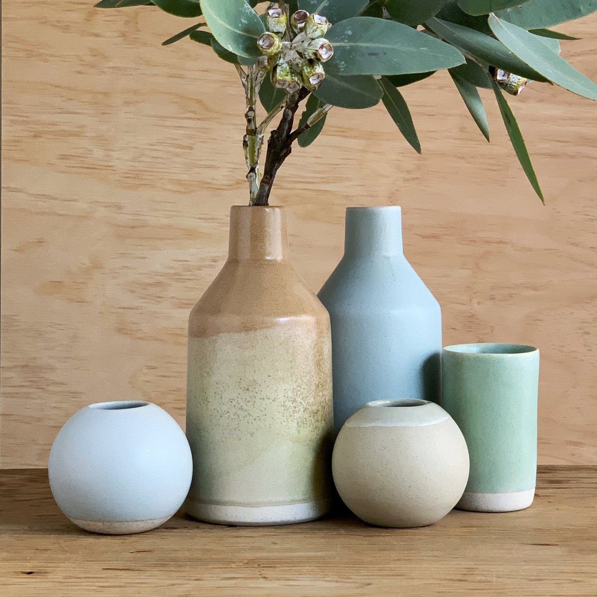 Bottle Vase Toffee & Earthy Green - handmade ceramics Henry & Tunks , made in Maitland NSW
