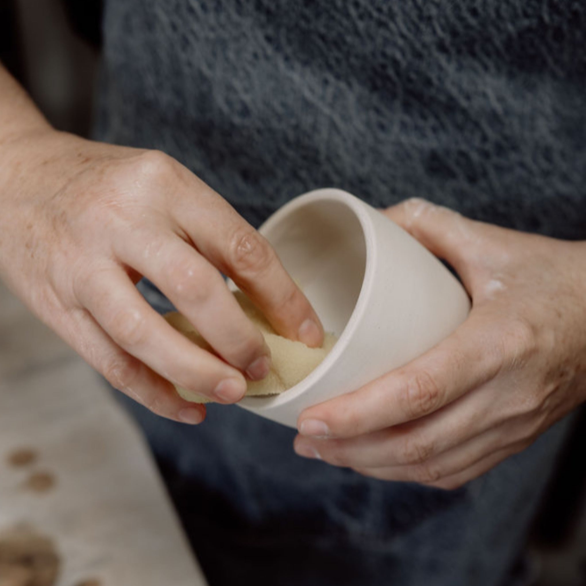 greenware clay being cleaned in the Henry & Tunks ceramic studio