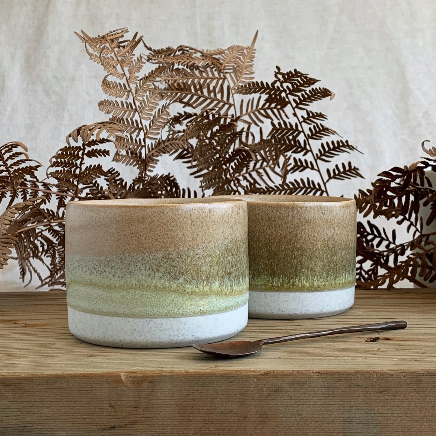 Medium Cylinder Bowl Toffee & Earthy Green - handmade in the Henry & Tunks ceramic studio, Maitland NSW